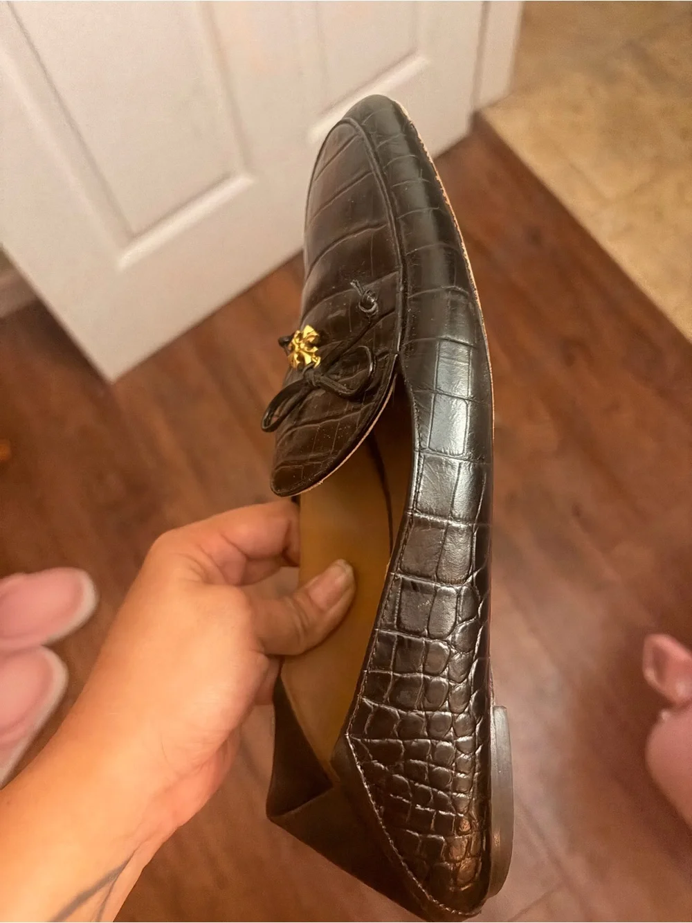 Tory Burch Dark Brown Croc-Embossed Leather Loafers with Gold Logo